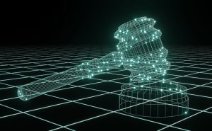 A person reviewing digital compliance documents on a laptop screen with holographic icons representing AI regulation